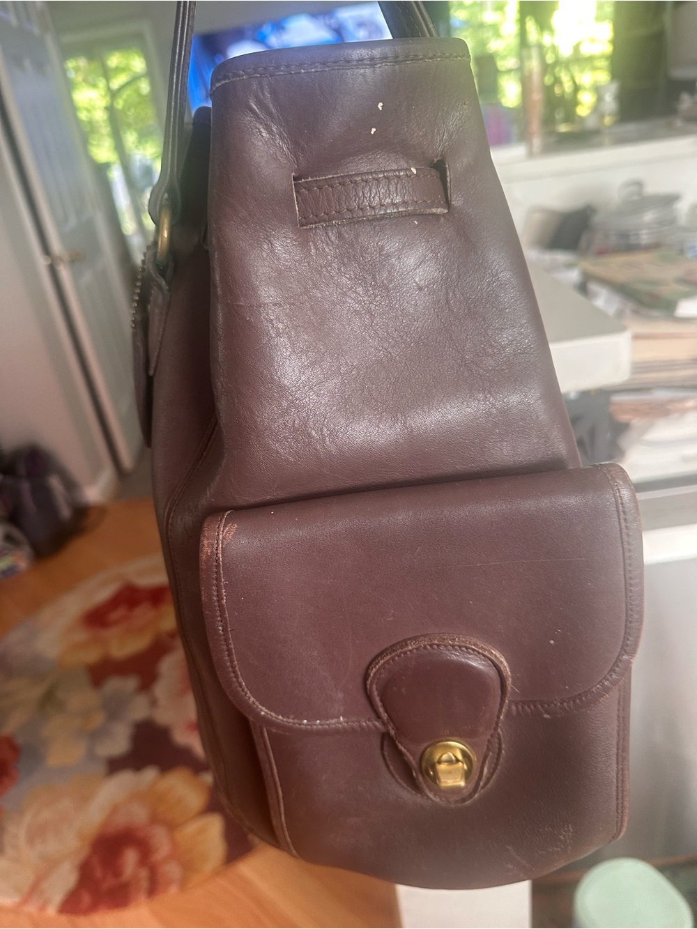 Vintage Coach Brown Leather Backpack with Front Pocket and Brass Clasp